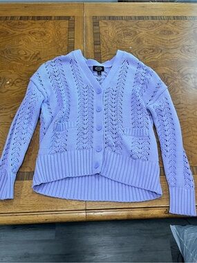 Open-Knit Lavender Button-Front V-Neck Cardigan